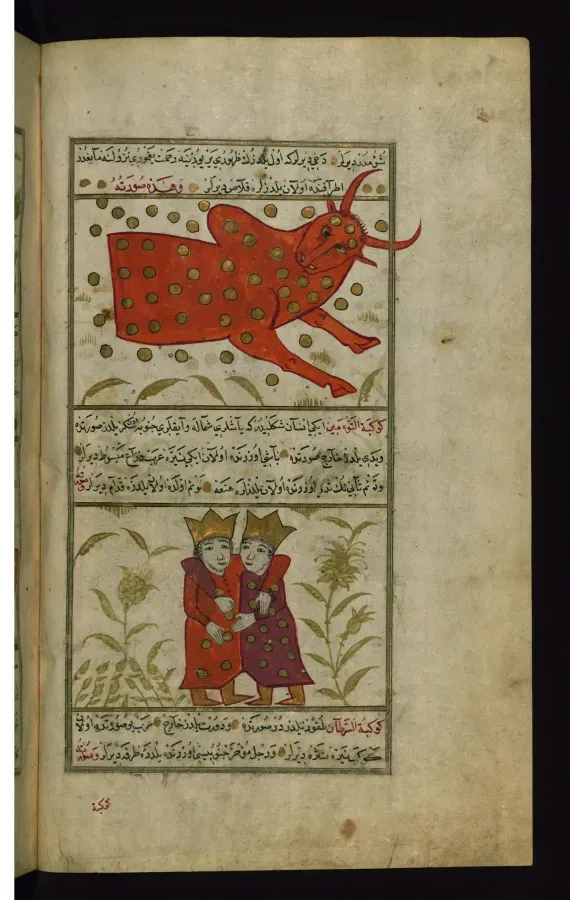 Los signos de Tauro y Geminis en un manuscrito otomano de al-Qazwini, 1717, Walters Art Museum