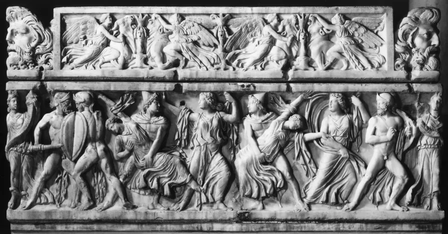 Sarcofago romano con el relieve Castor y Polux raptando a las hijas de Leucipo, hacia 160 d. C., Walters Art Museum