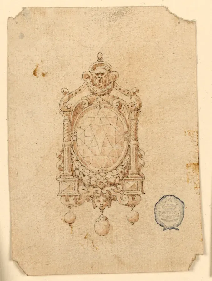 Dibujo de joyería del siglo XVI: broche con gran diamante central redondo, cartela con máscaras y tres perlas colgantes, Cooper Hewitt
