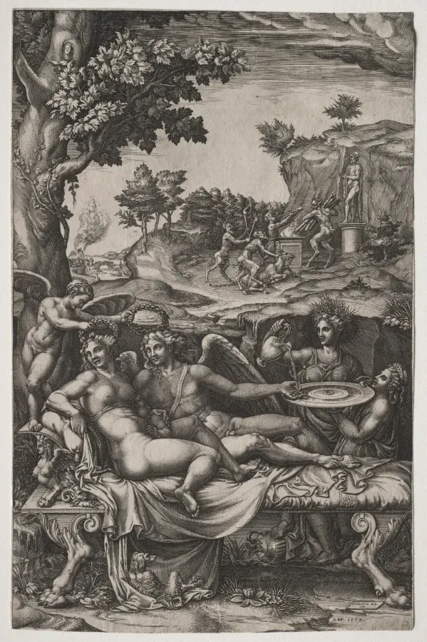 Grabado de Giorgio Ghisi de 1574: Cupido y Psique con Ceres derramando agua sobre las manos de los amantes