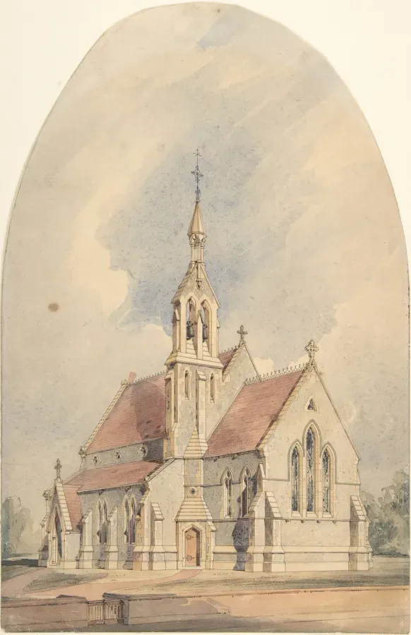 Acuarela de una iglesia neogotica victoriana, 1850-1870