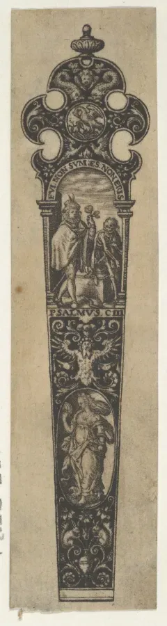 Grabado de empunadura de cuchillo con calavera memento mori de Johann Theodor de Bry, 1580-1600