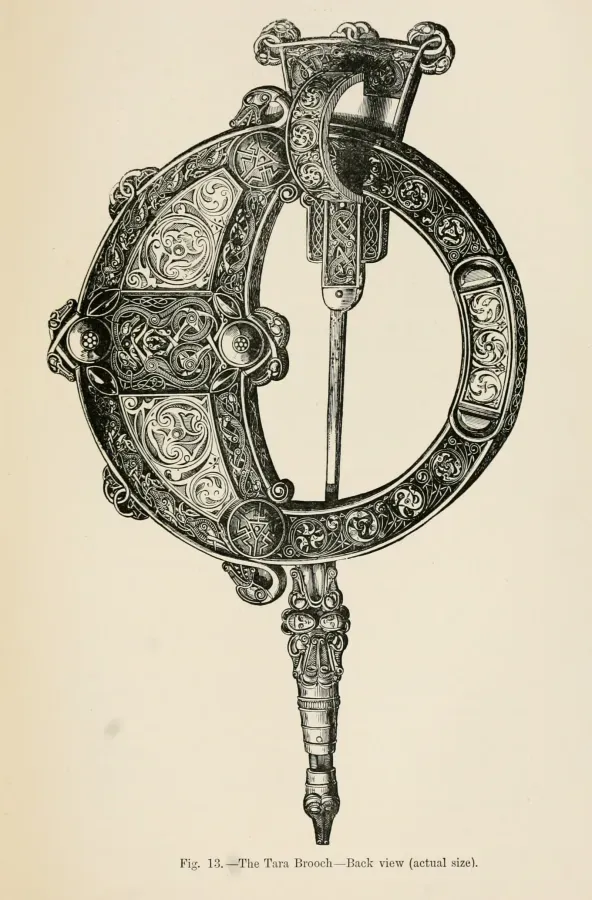 Grabado del siglo XIX del famoso broche irlandes de Tara con denso entrelazado en toda su superficie