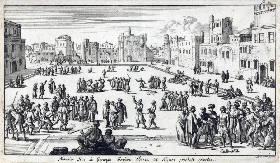 Grabado de 1684: cautivos cristianos vendidos como esclavos en una plaza de Argel