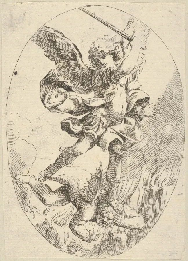 Arcangel Miguel con espada en alto pisando al dragon, segun Guido Reni