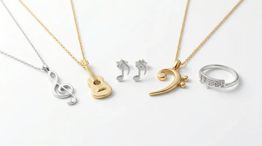 Simbolos musicales en joyeria: clave de sol, guitarra, notas