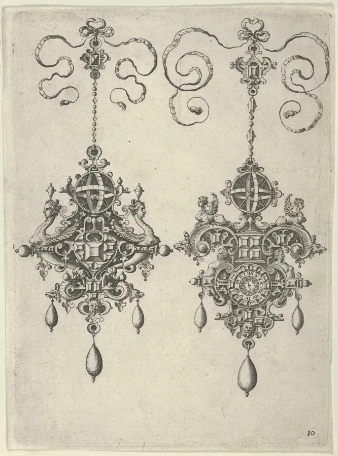 Grabado de Jan Collaert el Viejo con dos disenos de colgantes coronados por relojes de sol, hacia 1581