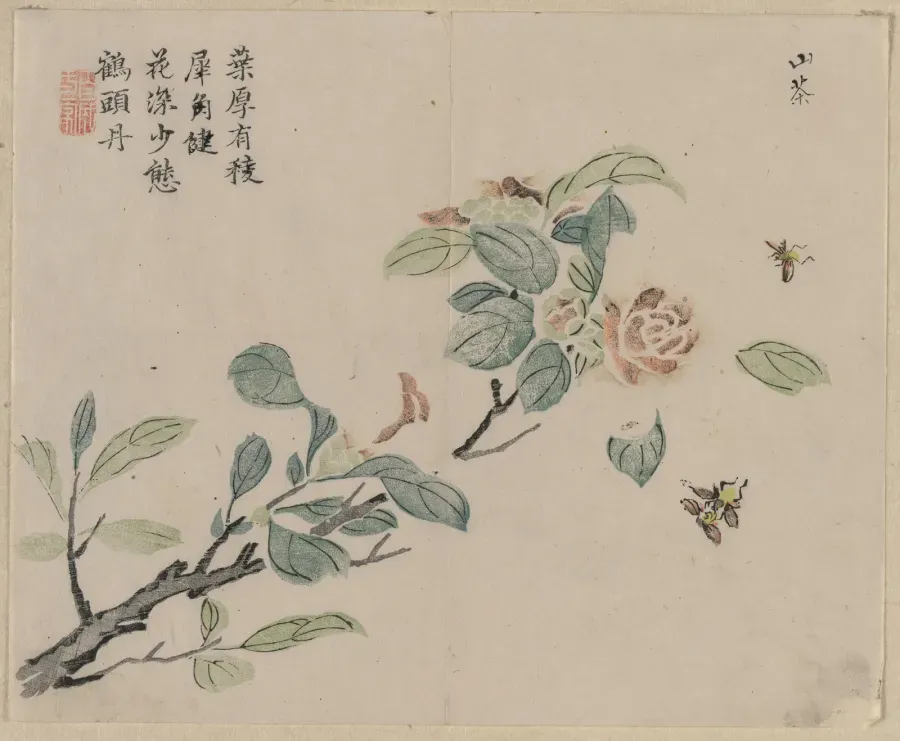 Rama florida con abejas, xilografia china en color, dinastia Qing, hacia 1700