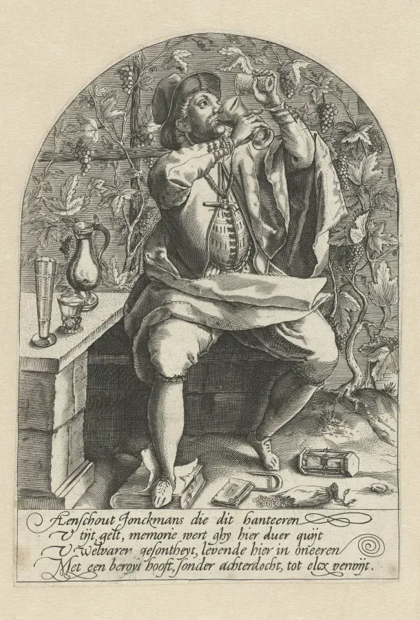 Grabado holandes segun Hendrick Goltzius: un joven bebe vino mientras a sus pies hay un libro, una bolsa rota y un reloj de arena