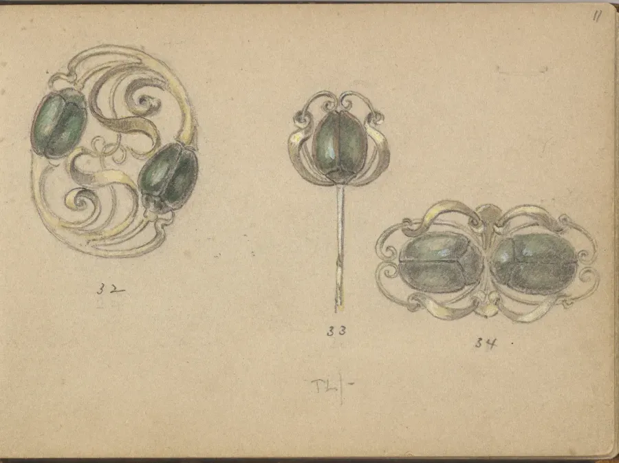 Tres disenos de joyeria con motivo de escarabajo, Edgar Simpson, 1899