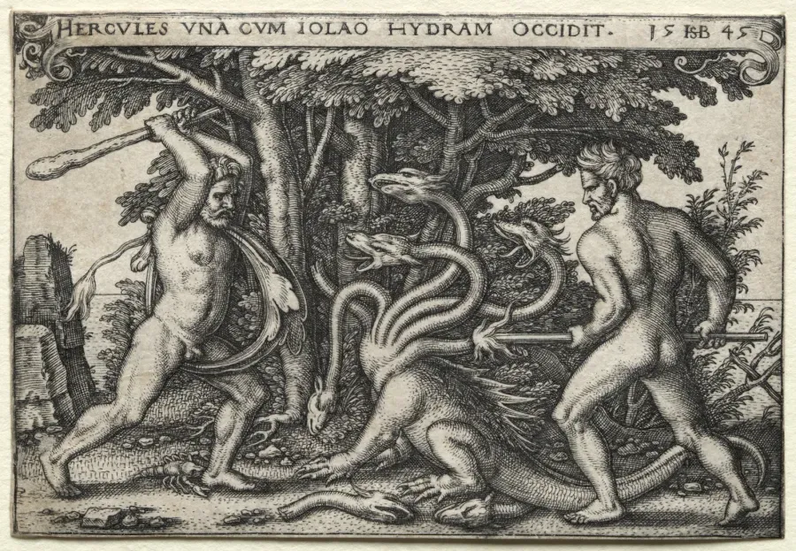 Heracles lucha contra la Hidra de Lerna, grabado de Hans Sebald Beham, 1545