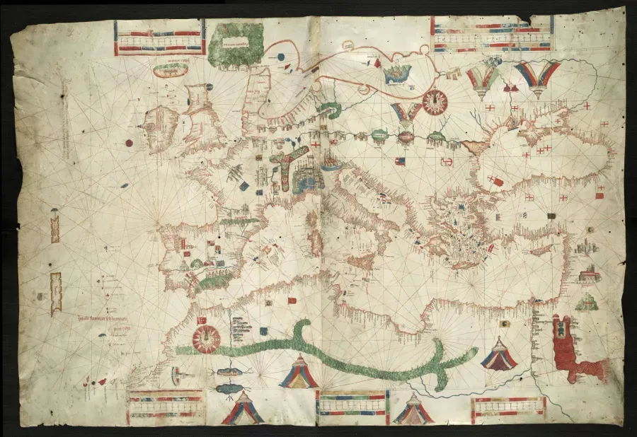 Portulano de Albino de Canepa de 1489 con multiples rosas de los vientos y lineas de rumbos