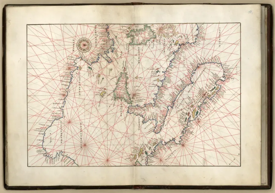 Pagina del portulano de Battista Agnese de 1544 con una rosa de los vientos y red de lineas de rumbo
