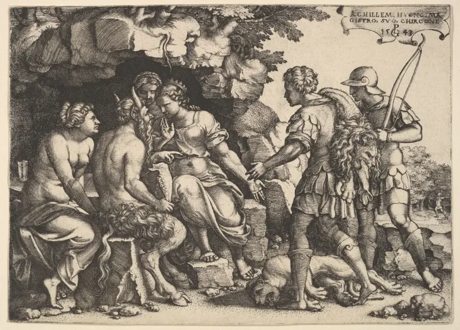 Grabado del siglo XVI: Tetis lleva a su hijo Aquiles ante el centauro Quiron