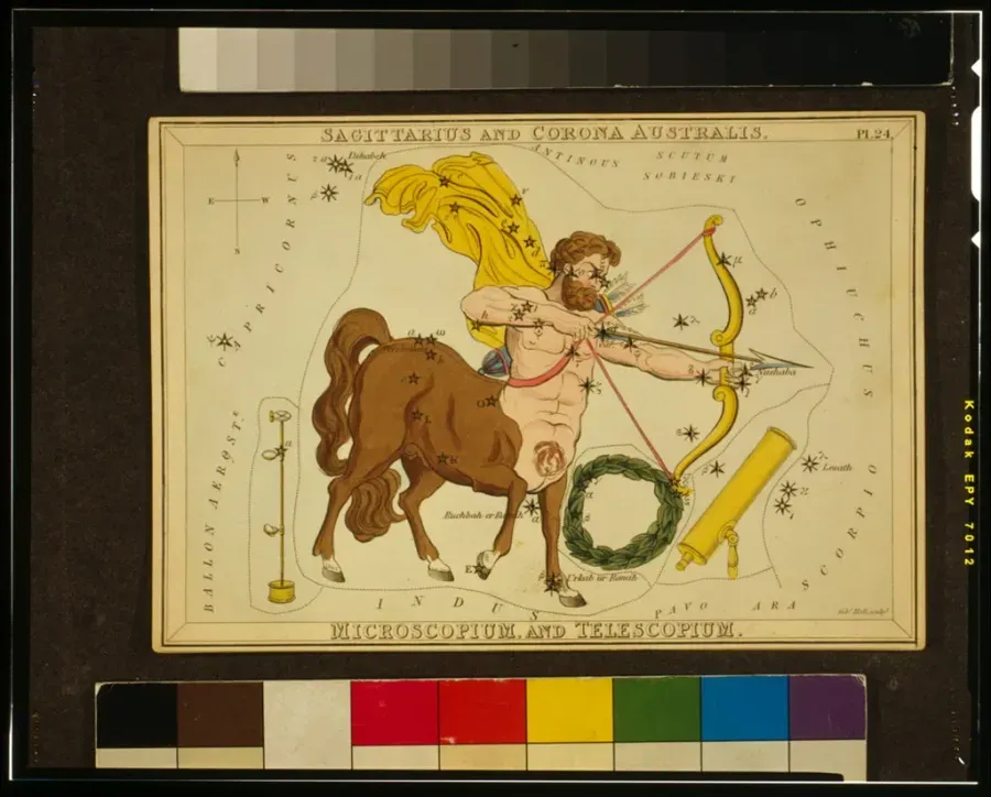 Grabado de la constelacion de Sagitario de un atlas estelar de 1825