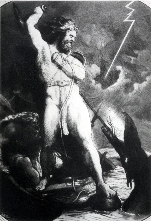 Thor saca del mar a la serpiente Jormungandr, ilustracion del mito nordico