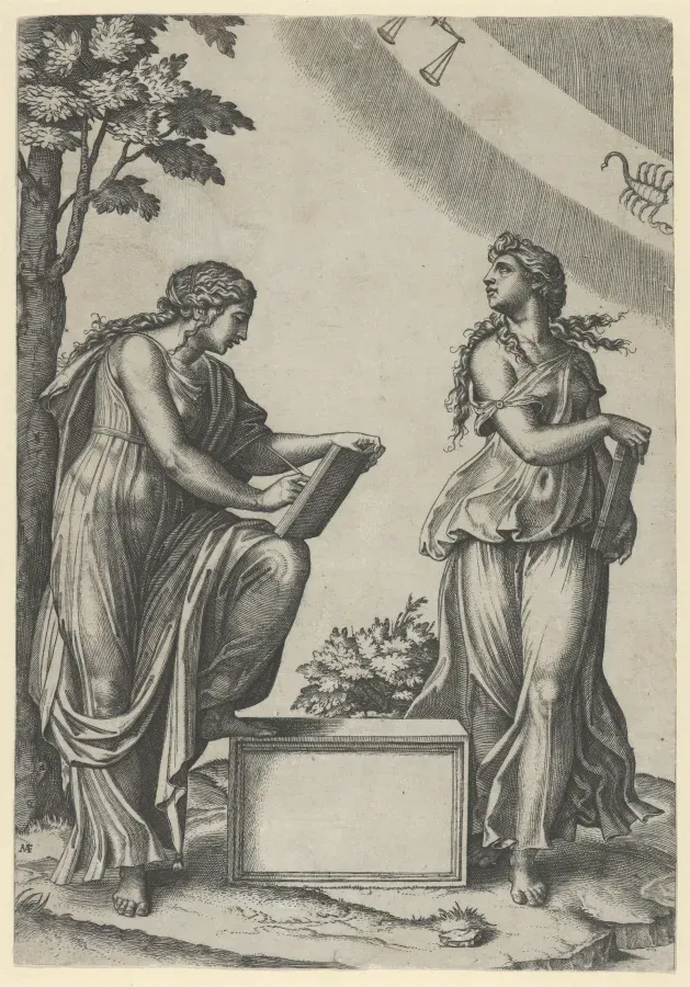 Grabado de Marcantonio Raimondi con dos figuras femeninas bajo los signos de Libra y Escorpio
