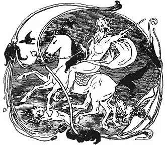 Odin sobre su caballo Sleipnir con los lobos Geri y Freki y los cuervos Huginn y Muninn, ilustracion de Lorenz Frolich, 1895