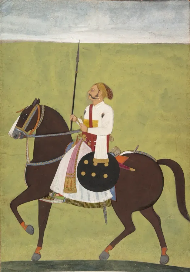 Noble rajput a caballo con collar de perlas, miniatura de Jodhpur ca. 1720