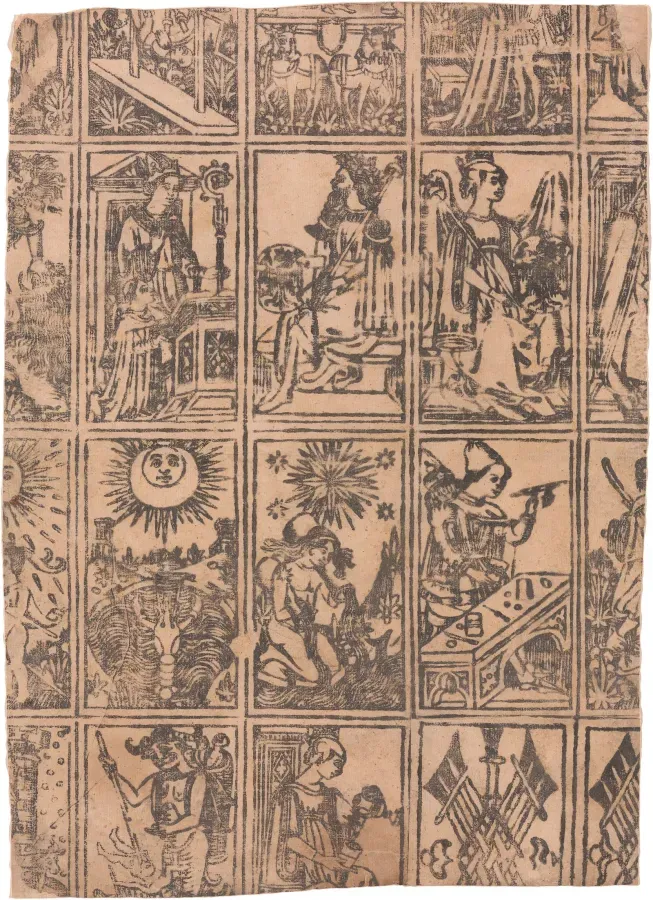 Hoja de cartas de Tarot mas antigua conservada, Milan, hacia 1500