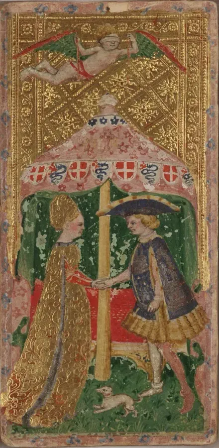 Carta de Los Enamorados del Tarot Cary-Yale Visconti, siglo XV, por Bonifacio Bembo